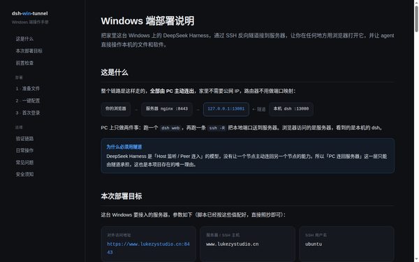 Windows 端部署说明 · dsh-win-tunnel 页面预览